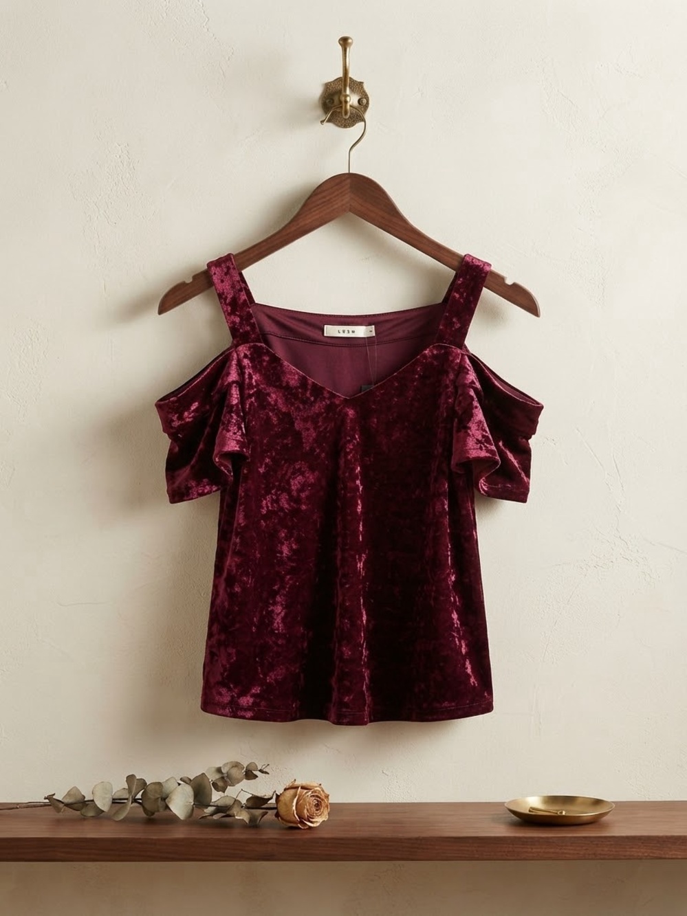 NWT LUSH Burgundy Crushed Velvet Cold Shoulder Ruffle Top M